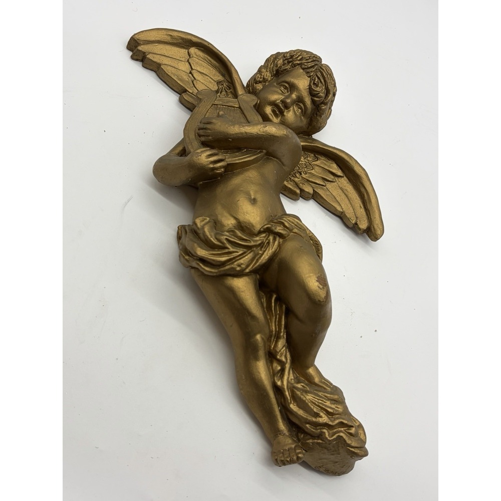 VTG HOMCO Large Cherub Wall Hanging Gold Tone Heavy Resin Victorian Angel 15"
